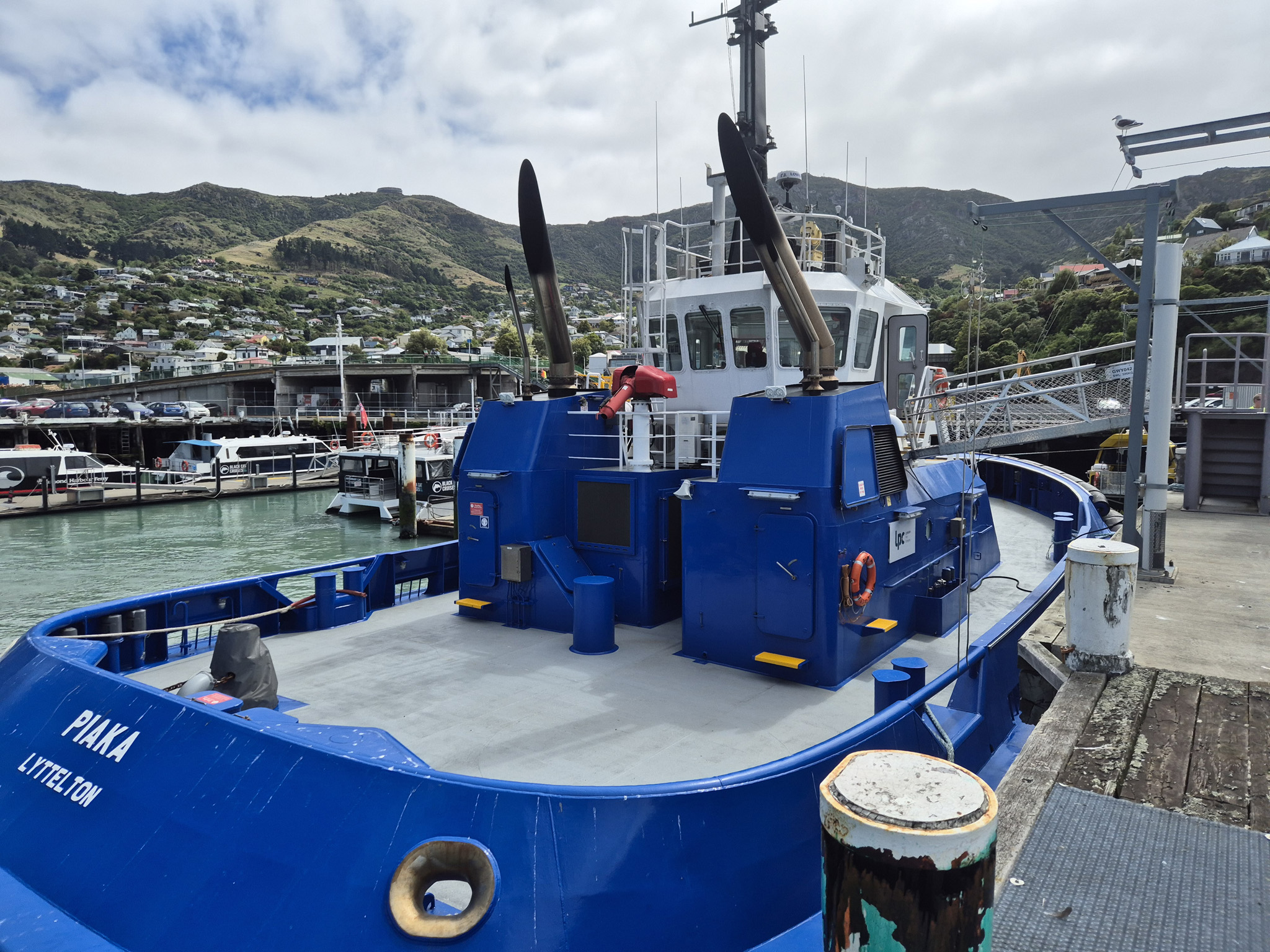 Working tug Piaka moored at Lyttelton Harbour assessed for pre purchase boat service and ongoing vessel management by marine surveyors NZ.